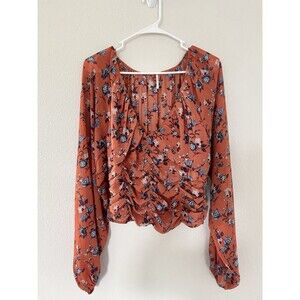 Free People Final Rose Boho Chic Floral Ruched Blouse Top Size M Rust Classic
